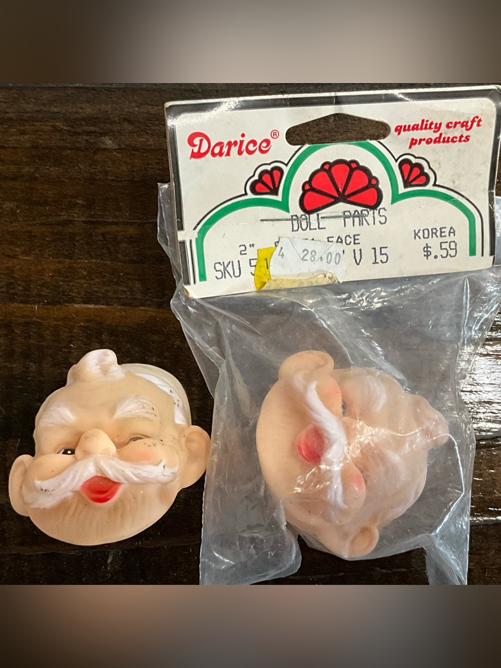 Vintage Lot of 2 Darice Doll Parts Plastic Head Man Santa Face 2” NOS